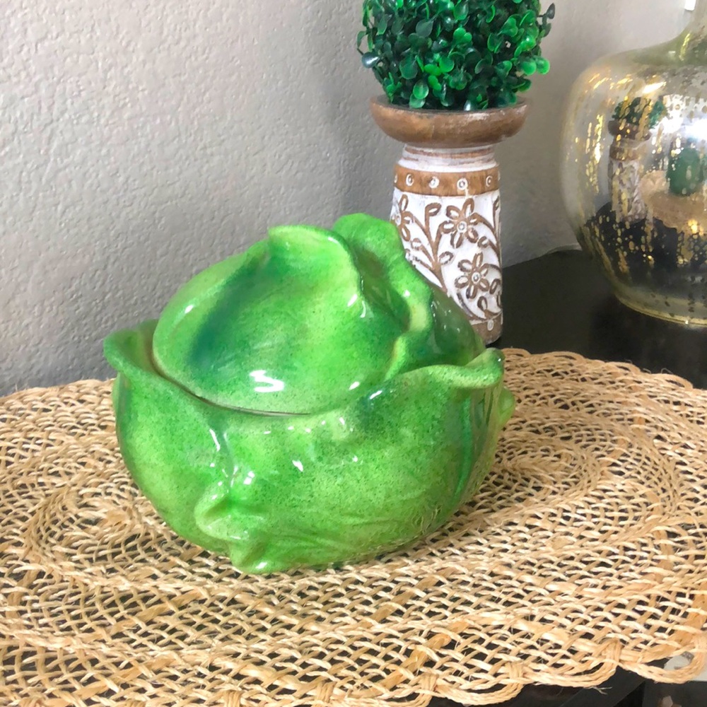 Cottagecore Vintage Holland Mold Ceramic Cabbage Lettuce Bowl with Lid Container